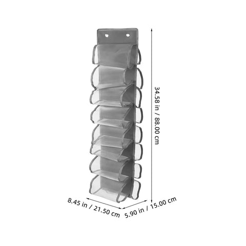 Heavy Duty Hanging Closet Organizer And Dual Purpose Door Panel Rack For Leggings Pants Towels And Sneakers With Secure Fabric Hooks vertical view with dimensions.