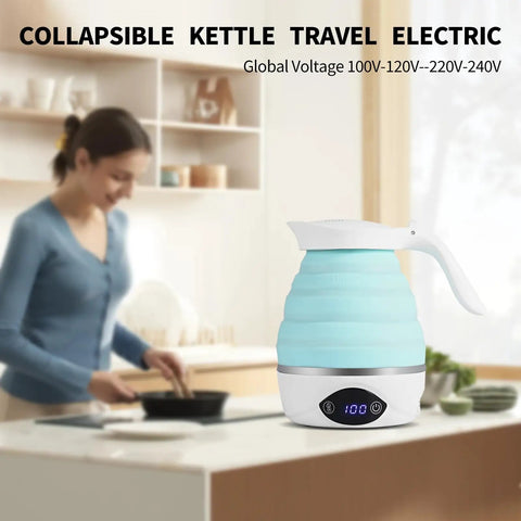 Collapsible Travel Electric Kettle Portable Foldable Water Boiler For Tea And Coffee Dual Voltage 110V 220V 850W BPA Free Silicone Blue
