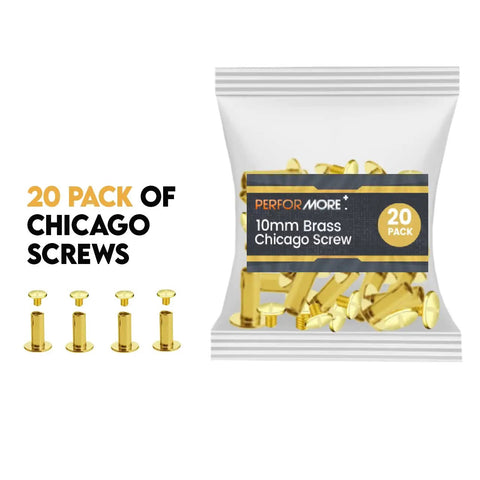 20 Pack Of Chicago Screw Posts With 10mm Brass Plated Finish, ideal for scrapbooking and leather craft, displayed in packaging.