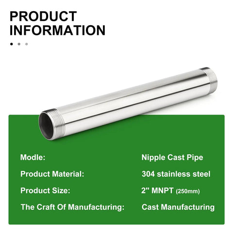 Image showing Stainless Steel Pipe Fittings 2 Inch NPT Male To 2 Inch NPT Male Nipple, 10 Inch Length, 304 Stainless Steel against a green info card.
