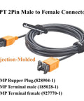 Garage Tested Two Pin JPT Extension Cable With IP67 Sealed Male To Female Plugs 18AWG Copper Auto Wiring Harness Fourteen Foot Cord with injection-molded connectors.