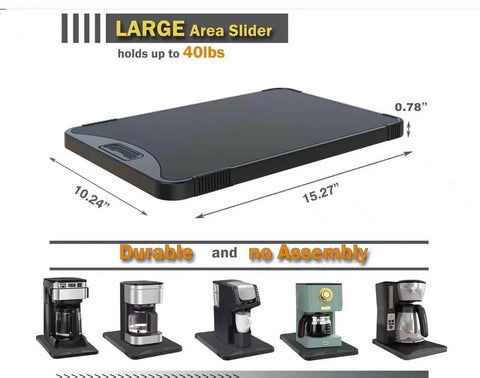 Top Shelf Appliance Rolling Sliding Tray For Coffee Makers And Air Fryers Heavy Duty Pull Out Counter Cart with dimensions shown.