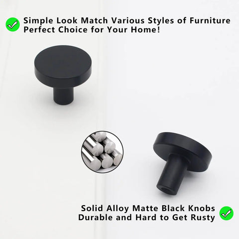 Sleek Matte Black Cabinet Knobs And Dresser Handles 30 Pack Heavy Duty Aluminum Alloy Kitchen Drawer Pulls Waterproof Rust Resistant Top Shelf Hardware To Level Up Your Living Space Today. Durable matte black knob detail on white background.