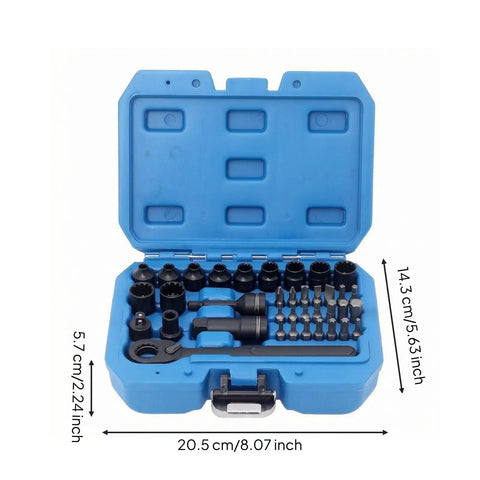 37 Piece 1/4 Inch Drive Pass Through Ratchet Socket Set With Quick Release Mechanism And Extension Bar For Grease Monkey Mechanics Shop Ready Tool Kit in a blue case.