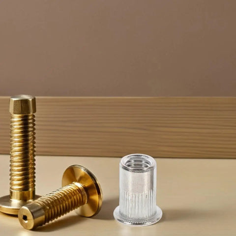 70 Piece M5 Stainless Steel Flat Head Rivet Nuts Kit with Threaded Inserts for Furniture Repairs shown with brass bolts