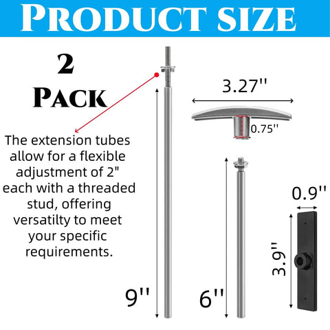 Diagram showing Two Pack RV Waste Valve Handle Replacement Kit with adjustable 6 inch and 9 inch tubes, universal fit specifications.
