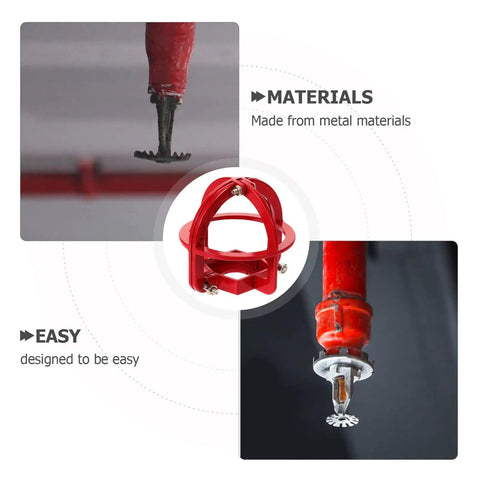 Close-up of Top Shelf Fire Sprinkler Head Guard Cover Two Pack Durable Steel Protector Cage on red fire sprinkler.