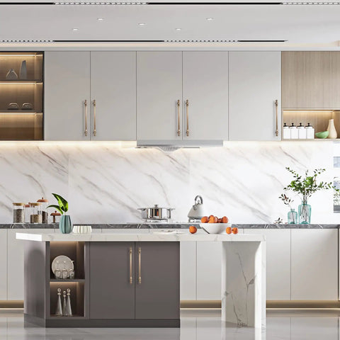 Modern kitchen with 7.5 Inch Brushed Brass Kitchen Cabinet Handles 10 Pack Gold Cabinet Pulls For Cupboard And Drawer