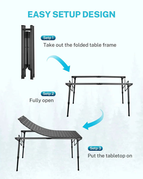 Easy setup design for 50 Inch Camping Table With Adjustable Height Legs For Uneven Ground, detailed in three steps.