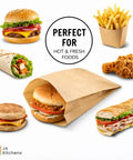 Real Deal Unbleached Kraft Paper Bags 200 Count With Thick Gussets For Serving Hot Pretzels Fresh Cookies And Loaded Sandwiches showing various food items.