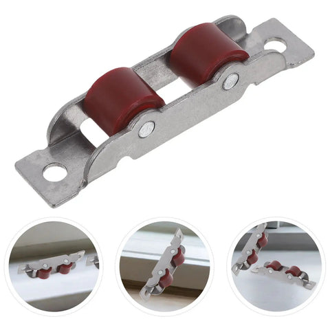 4 Pack Stainless Steel Double Wheel Sliding Patio Door Rollers Smooth As Silk Silent Gliding And Effortless Movement For Smooth Window Replacement Parts Zero Squeak Guarantee close-up view of roller with red wheels.