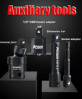 Beefed-Up Three Eighth Inch Drive Impact Socket Set with adapters, extension bar, and universal joint on display