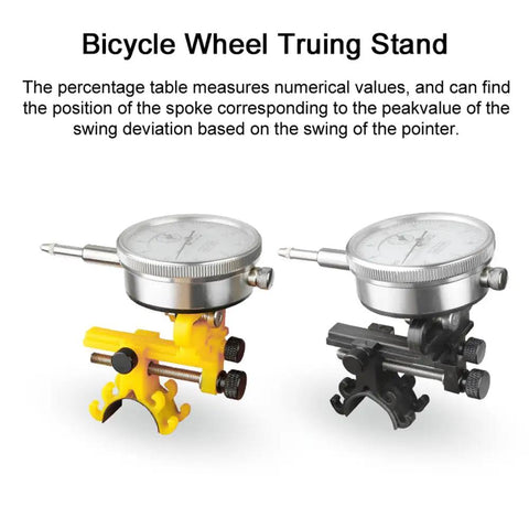 Beast Pro Grade Bike Wheel Truing Stand With Precision Percentage Table in yellow and black, for cycling maintenance.