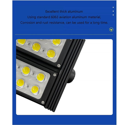 Close-up of 100W 300W LED Flood Light IP66 Waterproof Security Wall Light showing thick aluminum body and LED diodes.