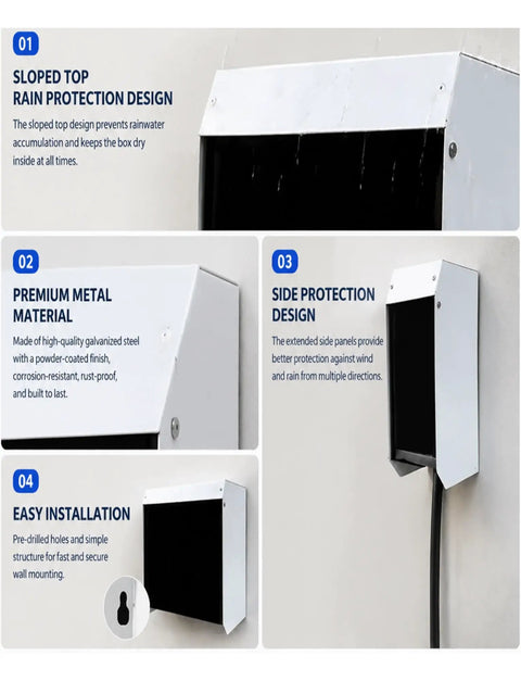 Heavy Duty EV Charger Weather Cover Wall Mounted Outdoor Charging Station Rain Shield showing sloped top and side protection design.