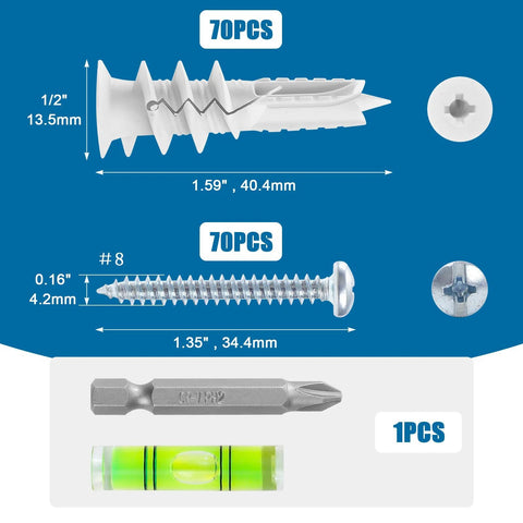 140 Piece Self Drilling Drywall Anchors And Screws Kit For Hanging Shelves Picture Frames Curtains No Pre Drilling Required Plastic Drywall Anchors With Galvanized Screws Built From Durable Nylon And Fiberglass For Strength And Longevity For Heavy; image shows dimensions for anchors, screws, bit, gradienter