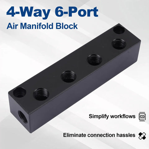 Shop Tough 6 Port Air Compressor Manifold Block With Quarter Inch Npt Fittings For Multiple Pneumatic Tool Lines Plug And Play Splitter Garage Essential, showing black aluminum 6-port design.