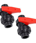 Top Shelf UPVC Union Ball Valve With Double Socket Slip Design For 25mm Pipes, black plastic body with red lever.