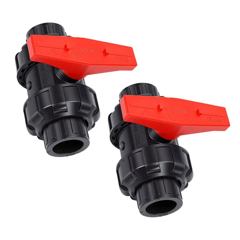 Top Shelf UPVC Union Ball Valve With Double Socket Slip Design For 25mm Pipes, black plastic body with red lever.