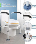 Heavy Duty Toilet Safety Rails For Seniors With Adjustable Carbon Steel Frame And Rock Solid Non Slip Design For No Fuss Bathroom Support And Straight Up Fall Protection Up To 330 Pounds Total Weight, featuring non-slip handrails and suction cups.