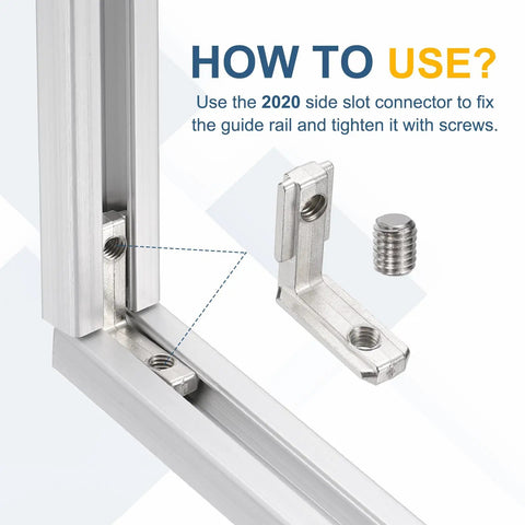 Top Shelf 2 Pack 1020 Aluminum Extrusion Profile 29.53 Inch 10X20MM Silver Anodized 6063 showing a connector and screws for setup.