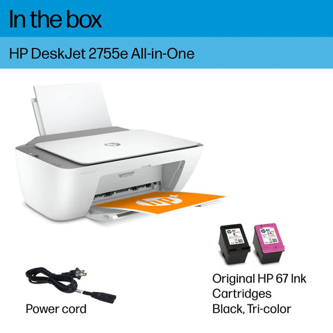 DeskJet 2755e Wireless Color Inkjet Printer With Scan Copy Easy Setup Mobile Printing Great For Home Use 1200 DPI Color Printing 60 Sheet Input Includes 6 Month Instant Ink Trial White with accessories