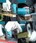 Badass 12V Micro Angle Grinder Cordless Power Tool With Diamond Cutting Polishing High Torque Handheld Wireless Workhorse Essential Shop Gear No Battery Included For Heavy Duty Projects in use, cutting wood and metal.