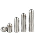 Heavy Duty Spring Ball Plunger Set Built Like A Badass Hex Socket Grub Screws In Durable Carbon And Stainless Steel Metric Sizes Five Pack displayed in various sizes.