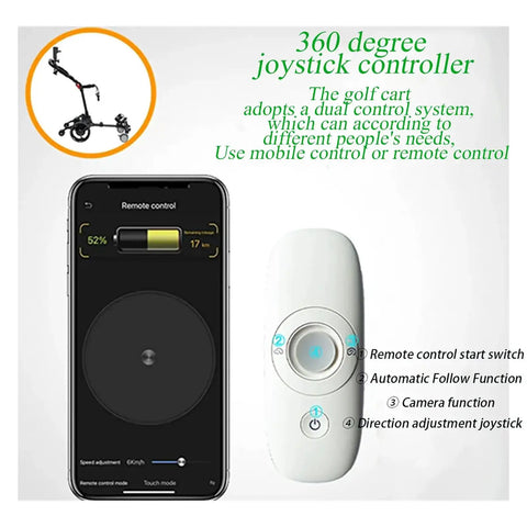 Smart Electric Golf Cart Featuring Automatic Follow Radar Tracking And Six Axis Gyro Stabilization app remote controller and smartphone display.