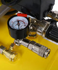 10 Gallon Oil Lubricated Air Compressor With 3.5HP Industrial Motor, pressure gauge and connectors on yellow tank.