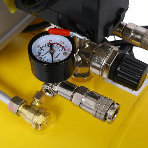 10 Gallon Oil Lubricated Air Compressor With 3.5HP Industrial Motor, pressure gauge and connectors on yellow tank.