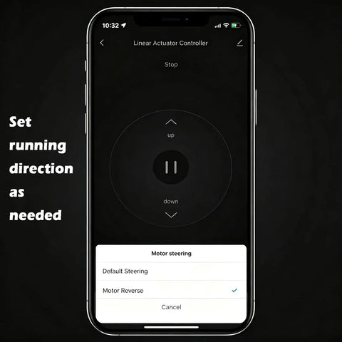 Smart Wifi Linear Actuator Controller Delivering No Sweat Forward And Reverse Control Through A Rock Solid Remote Switch app interface showing motor direction settings.