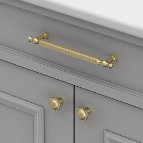 Gold Brushed Finish Cabinet Pulls Set Of 10 3 Inch Drawer Handles in zinc alloy installed on grey cabinet drawers
