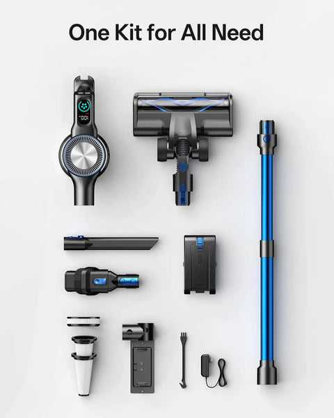 Components of 8 In 1 Cordless Stick Vacuum With 3 Suction Modes, Up To 45 Minutes Runtime, Self Standing And Rechargeable shown.