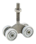 Pro Grade Heavy Duty Sliding Door Rollers That Glide Smooth As Butter With Durable Nylon Bearings For Heavy Lift Curtain Tracks and Workshop Furniture Runs, close-up view with the metal base and white nylon wheels.