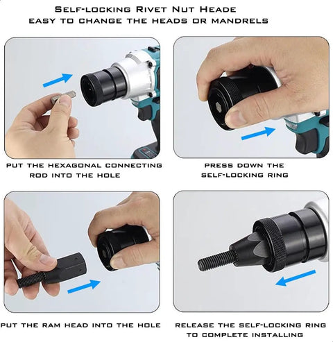 Ironclad Cordless Rivet Nut Tool Electric Rivet Gun Compatible With Makita 18V Battery showing self-locking rivet nut head change process.