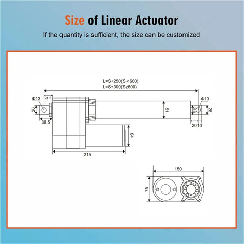 Size diagram of Heavy Duty Dc Linear Actuator That Crushes Tough Jobs Like A Badass Without Breaking A Sweat Features Ip66 Waterproof Shell.
