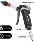 High Flow Air Blow Gun With Adjustable Trigger And One Eighth Inch Rubber Tip Set Delivers 70 CFM At 90 PSI 120 PSI Max Aluminum Pistol Grip Dusting Tool With One Quarter Inch NPT Fitting And One Half Inch Adapter For Compressor Use