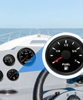 Heavy Duty 6 Inch Fuel Sending Unit With Plug And Play Gauge Kit 240 To 33 Ohms gauge display on boat dashboard showing fuel level.
