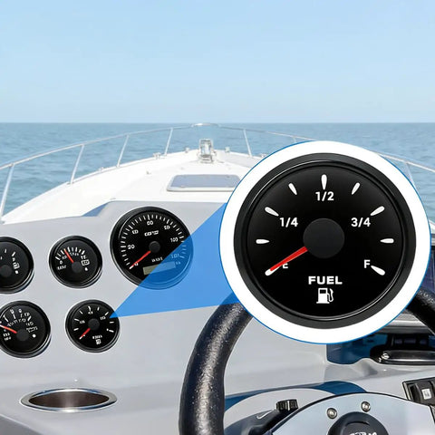 Heavy Duty 6 Inch Fuel Sending Unit With Plug And Play Gauge Kit 240 To 33 Ohms gauge display on boat dashboard showing fuel level.