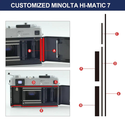 Top-Notch Pre-Cut Light Seal Foam Kit Takes Care of Light Leakage for Minolta Hi-Matic 7 7S 7S II Film Camera with labeled foam strips.