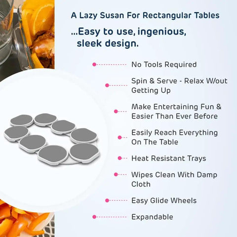 Expandable Light Gray Lazy Susan Turntable For Rectangular Dining Tables with heat resistant trays and easy glide wheels.