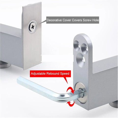 Close-up of Heavy Duty Door Pivot Hinges Soft Close Feel Stealth Hidden Mount 304 Stainless Steel with adjustable rebound speed.