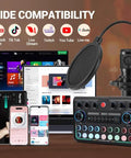 Level Up Podcast Gear Bundle With Pro Audio Interface And Dynamic Microphone For Live Streaming Gaming And Vocal Sessions Featuring Foam Windscreen displayed with devices, showcasing wide compatibility.