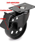 Three Inch Plate Caster Wheel Set With Cast Iron Swivel Plate Casters And Dual Locking For Vintage TV Stands, Coffee Tables And Welding Carts, Total Load Capacity 1080 Lbs, Pack Of 4, Rust Resistant Electrophoretic Coated Metal, showing close-up of lock swivel plate and locking device.