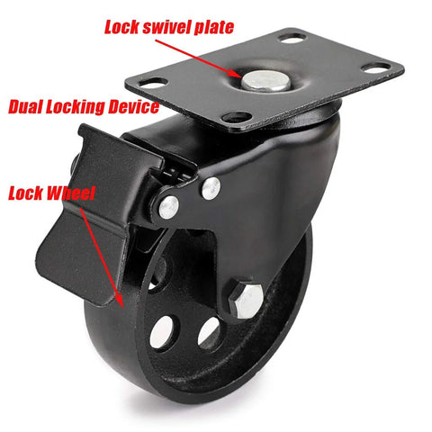 Three Inch Plate Caster Wheel Set With Cast Iron Swivel Plate Casters And Dual Locking For Vintage TV Stands, Coffee Tables And Welding Carts, Total Load Capacity 1080 Lbs, Pack Of 4, Rust Resistant Electrophoretic Coated Metal, showing close-up of lock swivel plate and locking device.