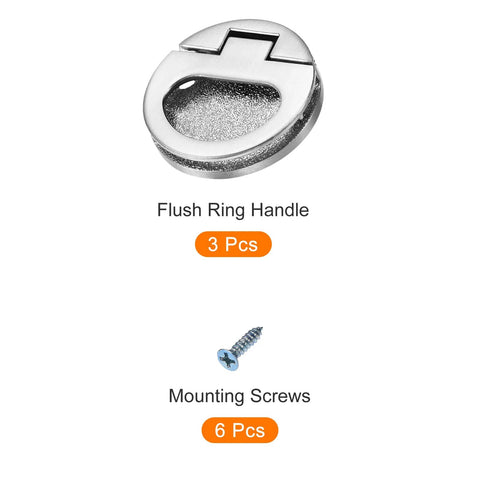 Flush Ring Pull Handles Set Of 3 43.5mm Zinc Alloy Dark Silver with screws, ideal for drawers and sliding doors
