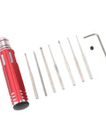 Straight Up Reliable Tungsten Steel Model Scriber With Seven Ultra Fine Blades For Slick Line Cutting Scale Kits Bonsai Trimming And Hella Detailed Hobby Crafts with red aluminum holder and blades.