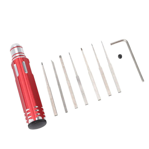 Straight Up Reliable Tungsten Steel Model Scriber With Seven Ultra Fine Blades For Slick Line Cutting Scale Kits Bonsai Trimming And Hella Detailed Hobby Crafts with red aluminum holder and blades.