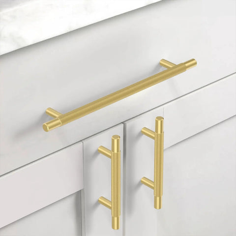 Kick Up Your Kitchen Vibes With These Slick Brushed Gold Knurled Cabinet Handles And Drawer Pulls A Top Shelf 10 Inch 10 Pack Heavy Duty Cupboard Hardware displayed on white cabinets.